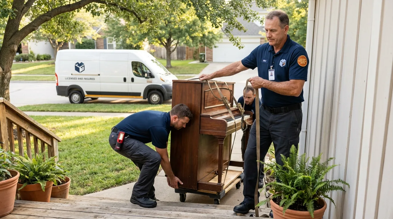 Licensed piano movers securing grand piano in Iuka, MS