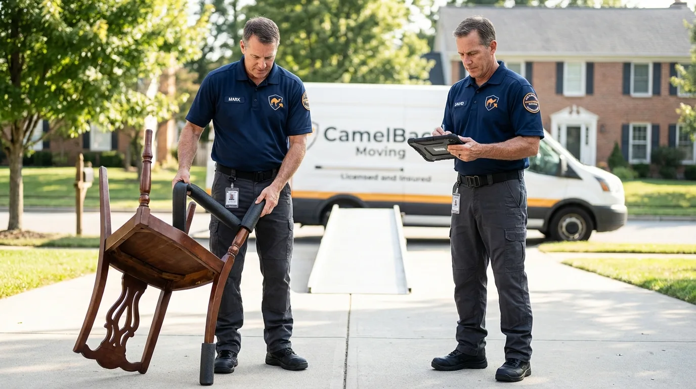 Movers inspecting furniture for damage prevention before loading in Iuka, MS