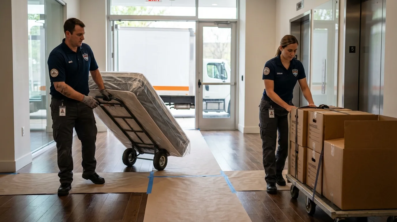 Professional apartment movers loading elevator in Iuka, MS